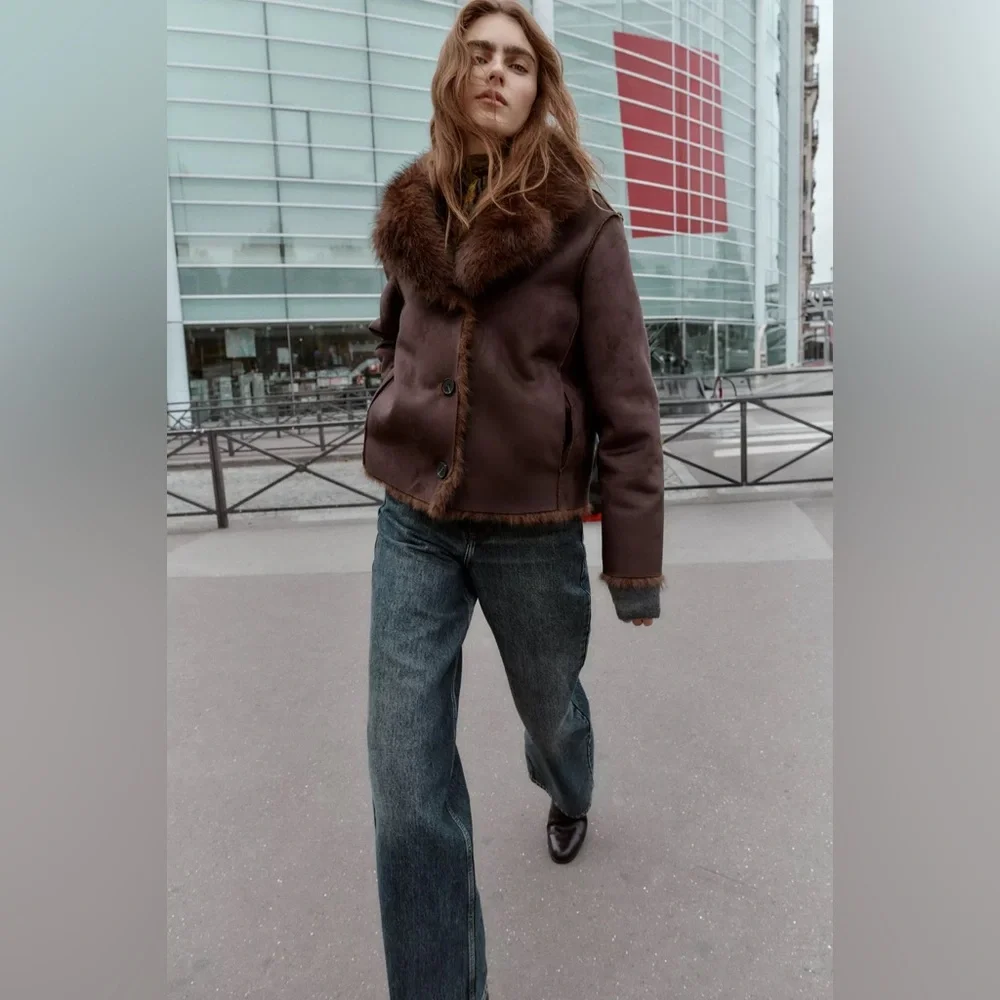 Zara Faux Fur Brown Reversible Jacket Coat
